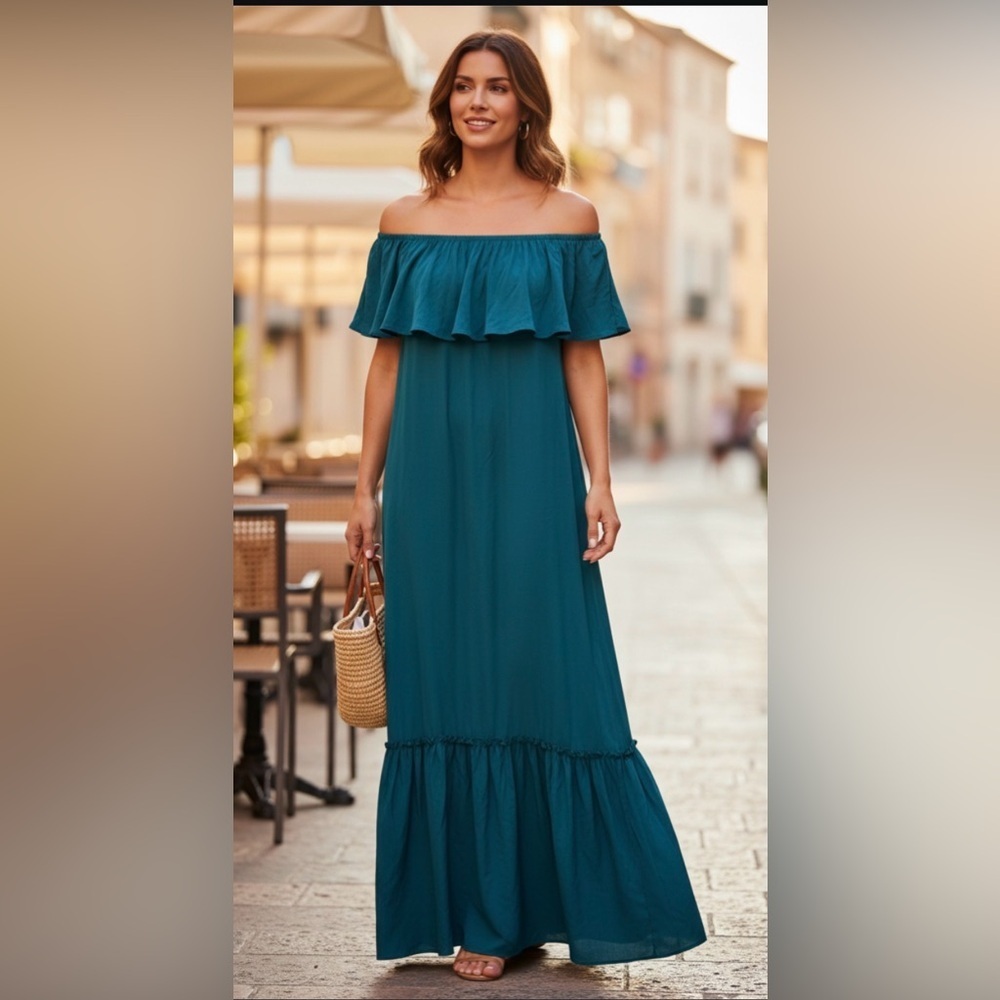 NWT Loft Beach Teal Blue Relaxed Ruffled Tiered Maxi Dress